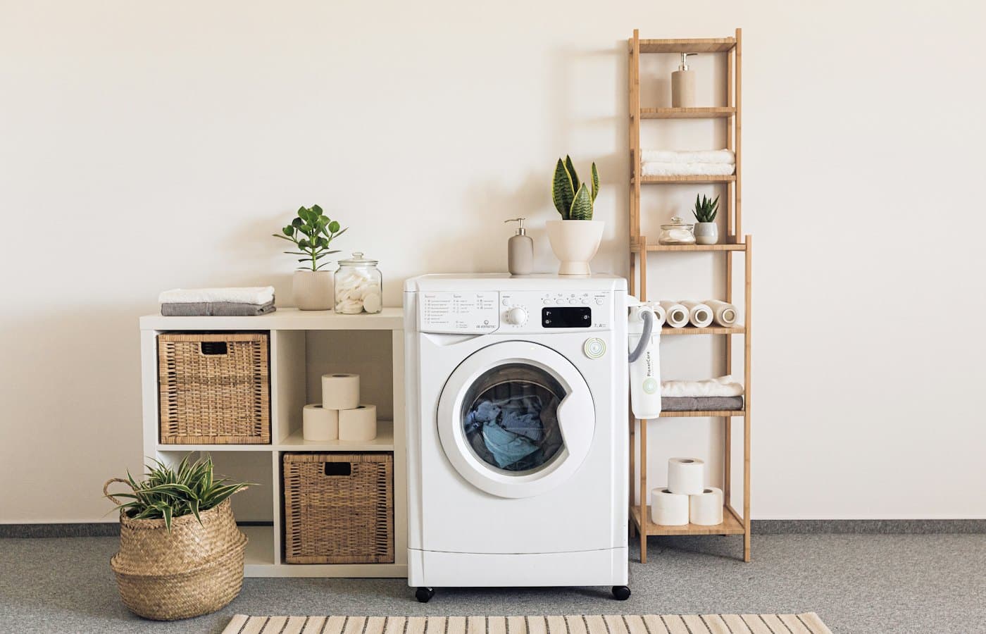 A washer and dryer in a room