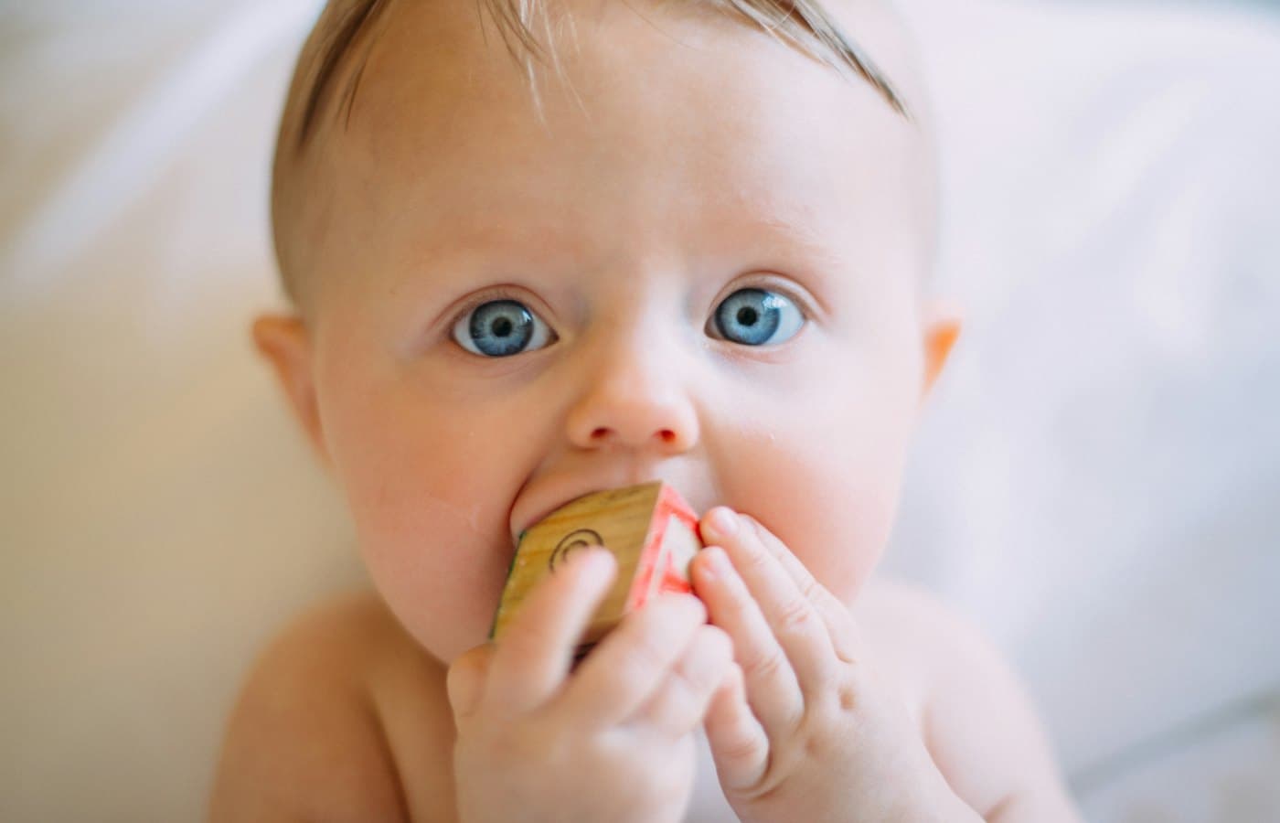 Selective focus photography of baby holding wooden cube
