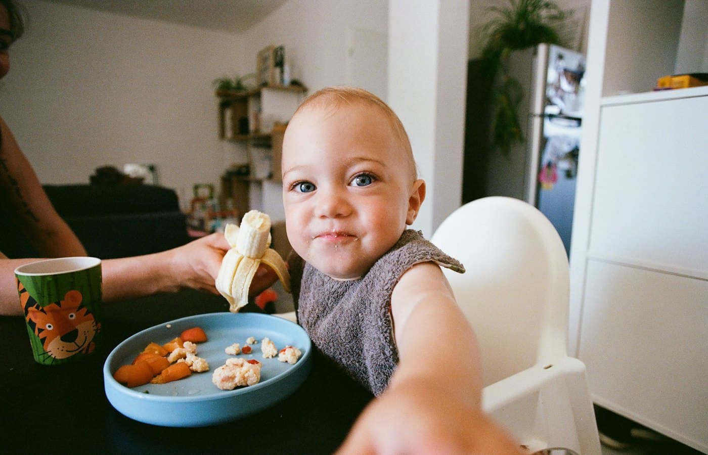 A baby sitting at a table with a plate of food