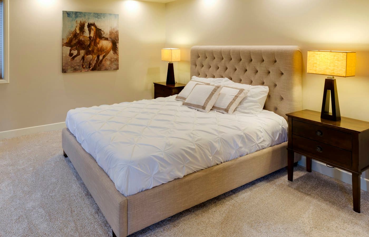 Beige bed with white mattress