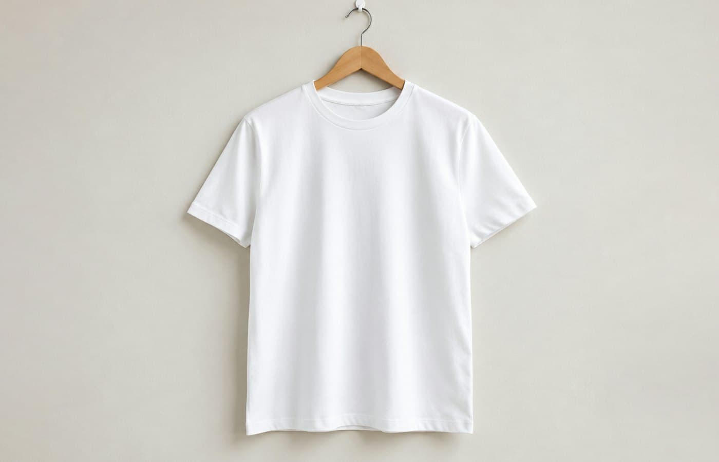 A plain white t shirt hangs on a wooden hanger