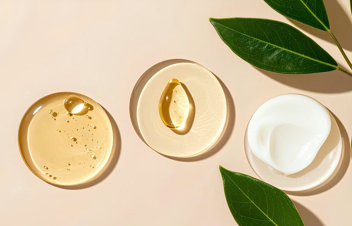 Skincare products with leaves on a light background