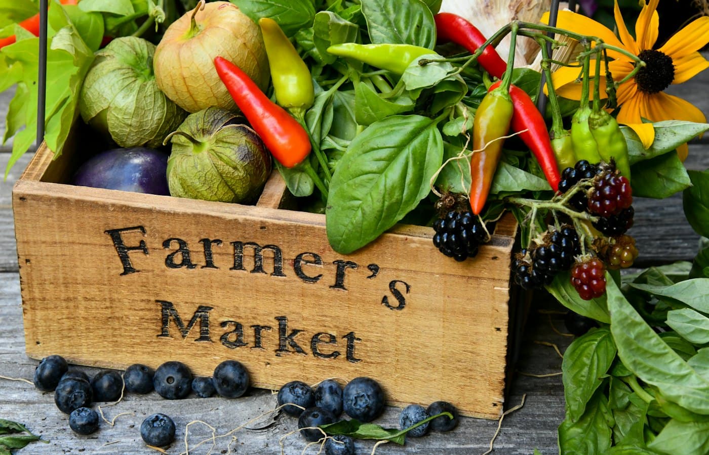 Fresh produce in wooden market crate