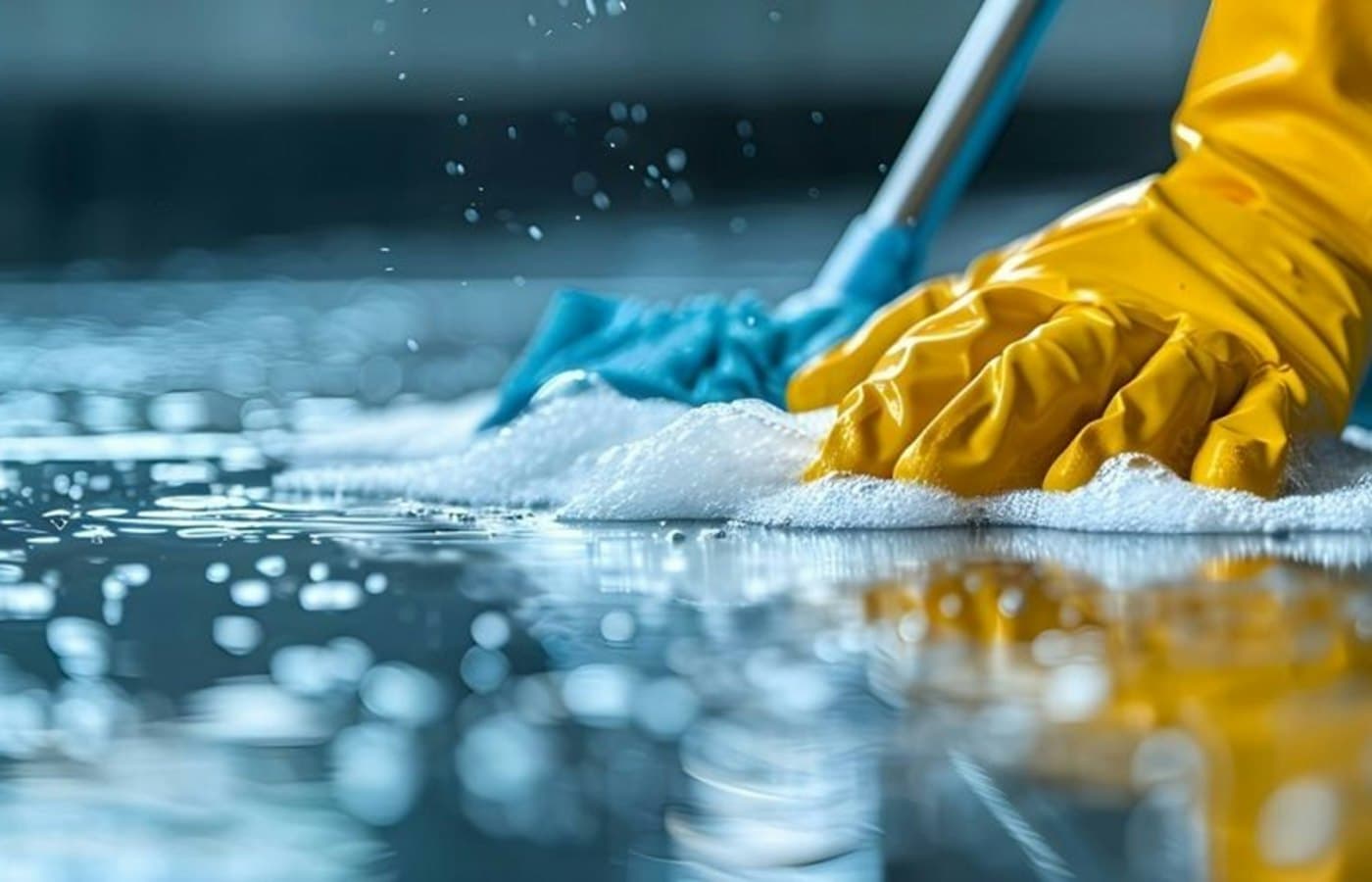 A person in yellow gloves and blue gloves cleaning a floor