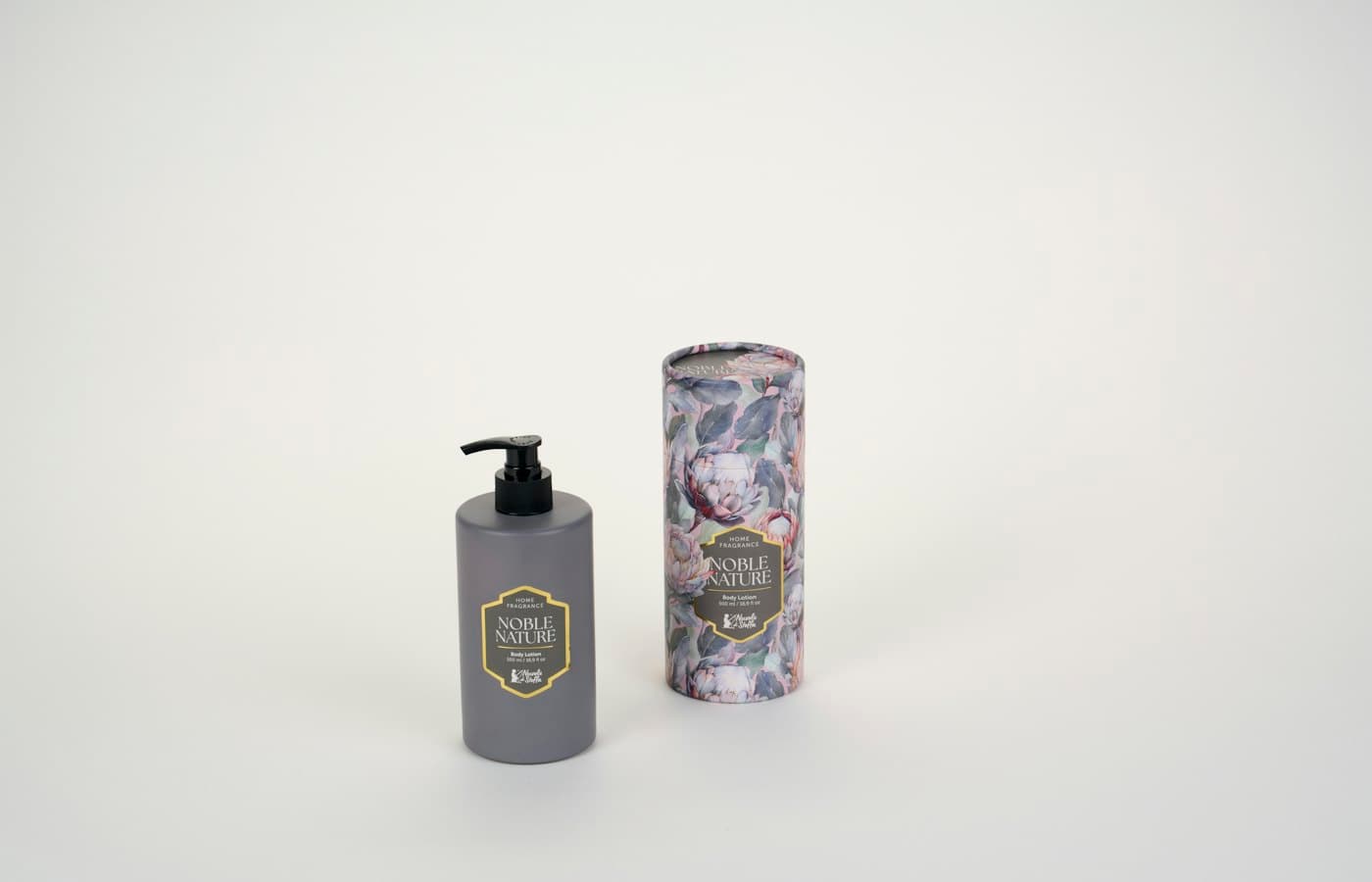 Grey pump bottle and floral box