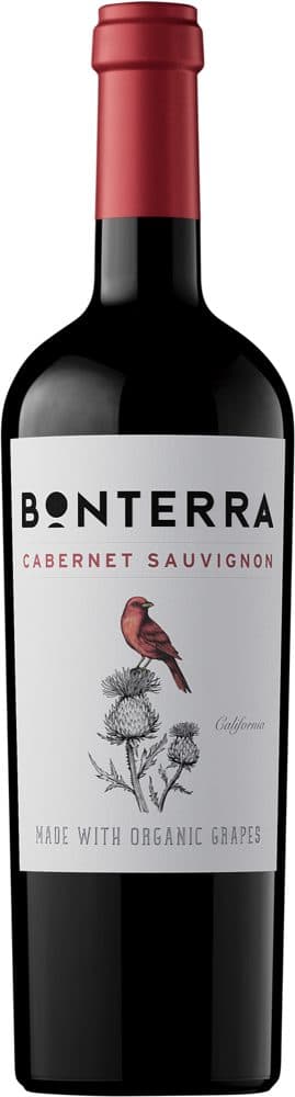 Bottle of Bonterra Cabernet Sauvignon, labelled made with organic grapes