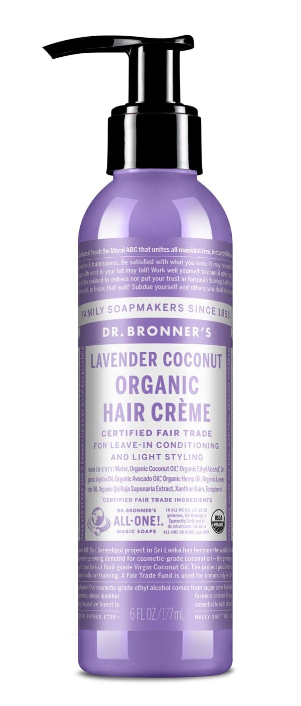 Pump bottle of Dr. Bronner's Lavender Coconut Organic Hair Crème