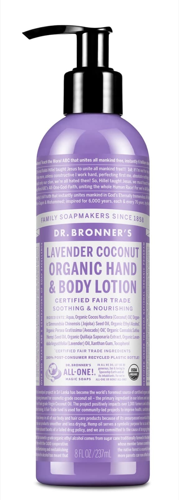 Pump bottle of Dr. Bronner's Lavender Coconut Organic Hand & Body Lotion