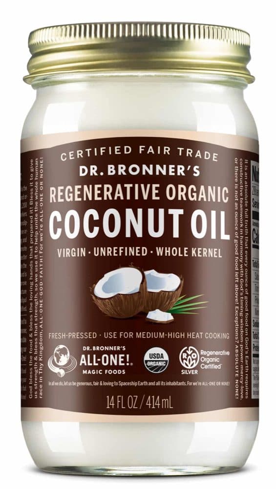 14 fl oz glass jar of Dr. Bronner's Regenerative Organic Coconut Oil, virgin, unrefined, whole kernel