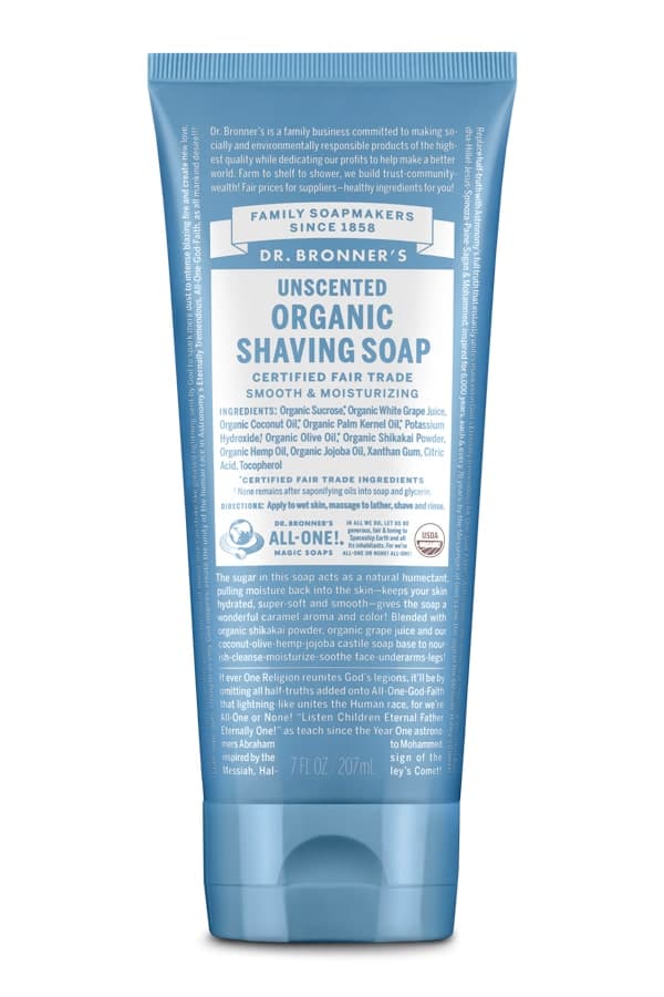 Tube of Dr. Bronner's Unscented Organic Shaving Soap