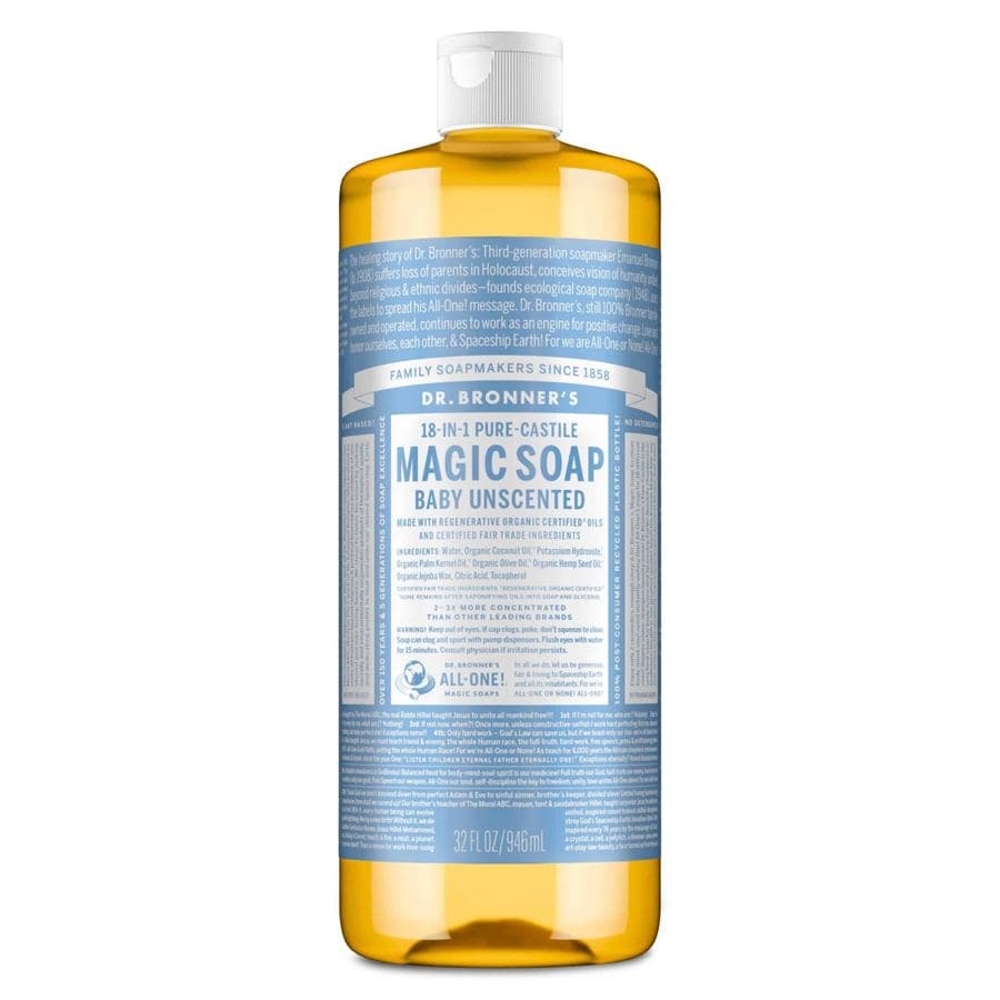 32 fl oz bottle of Dr. Bronner's 18-in-1 Pure-Castile Magic Soap, Baby Unscented