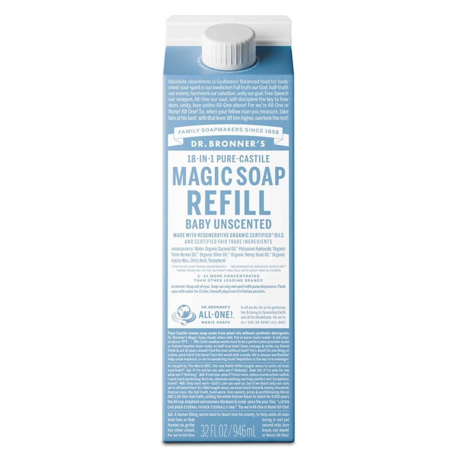 32 fl oz paper carton of Dr. Bronner's Magic Soap Refill, Baby Unscented