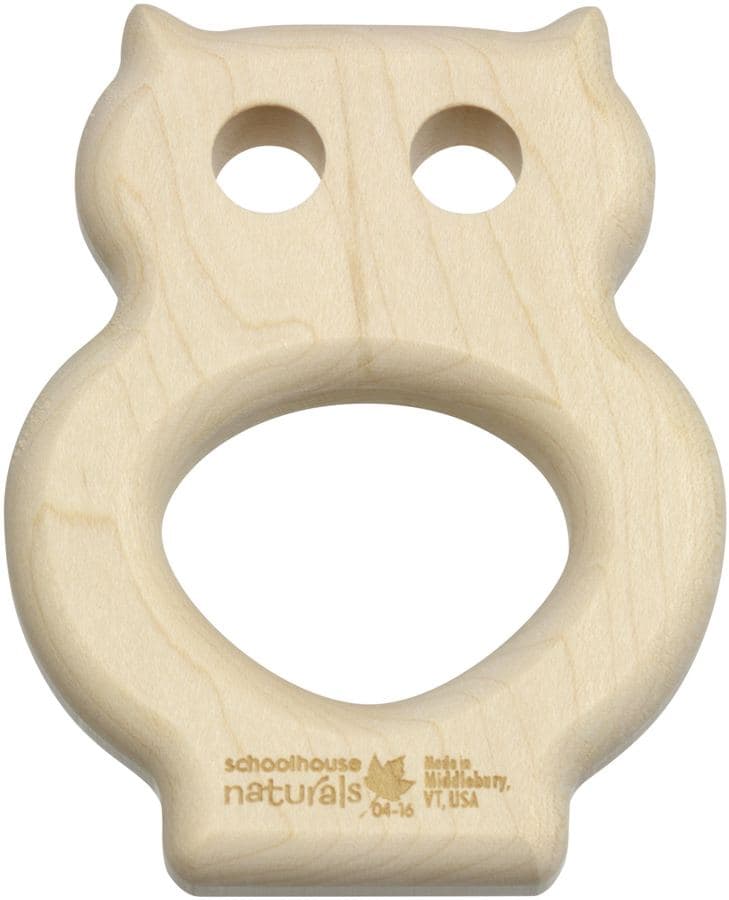 Unfinished maple owl-shaped teether engraved with the Schoolhouse Naturals mark
