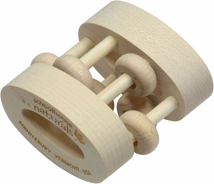 Unfinished maple wooden rattle from the Schoolhouse Naturals line, engraved Middlebury, Vermont