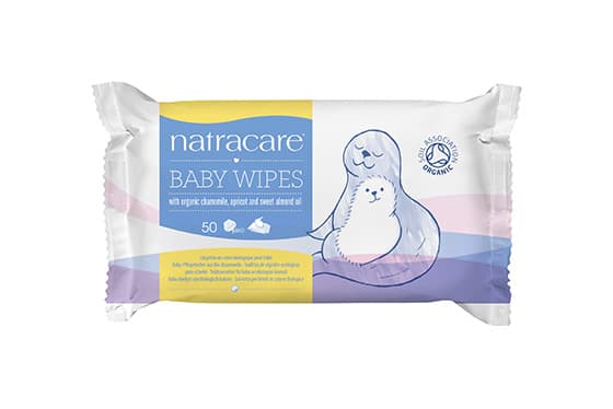 Pack of 50 Natracare Baby Wipes with organic chamomile, apricot and sweet almond oil