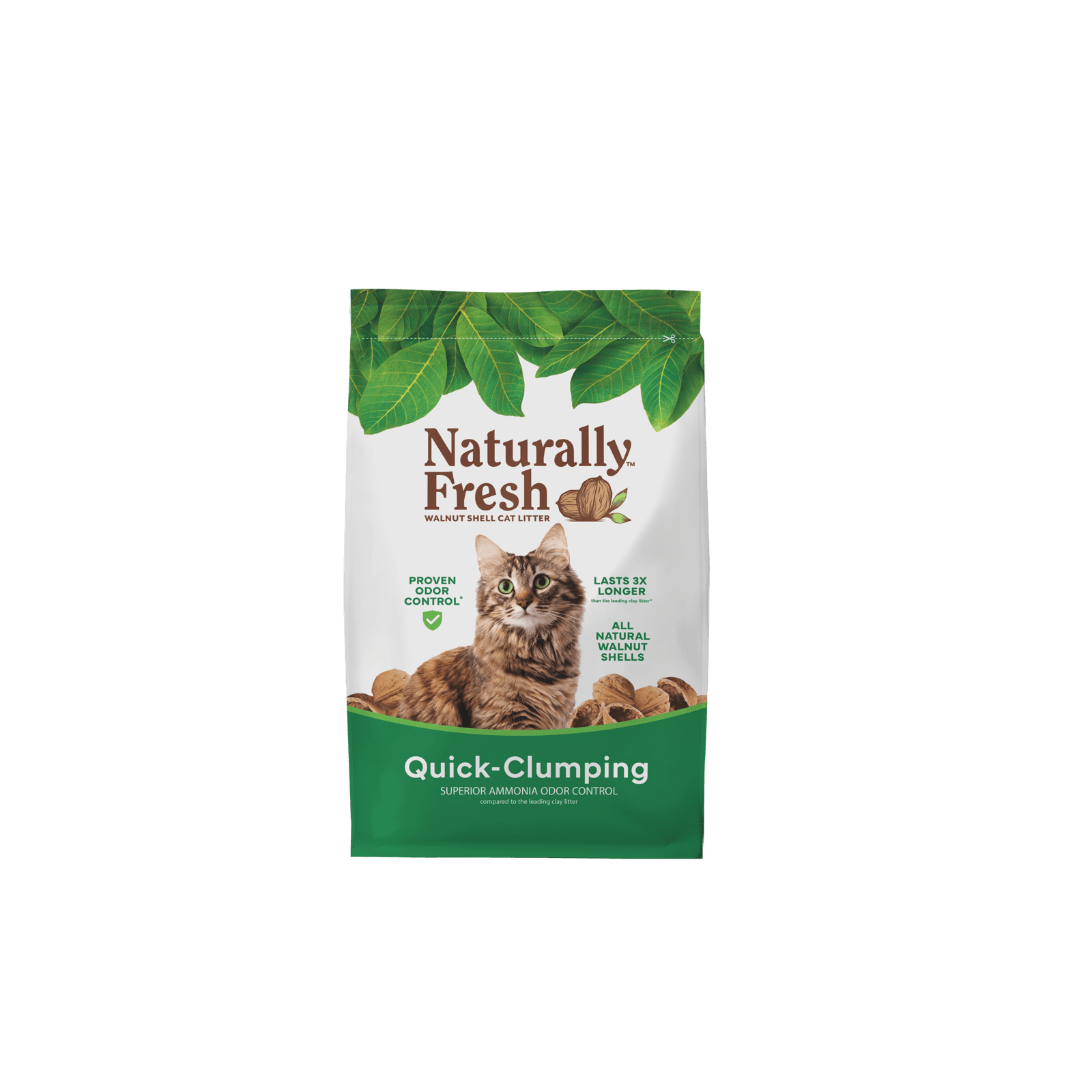 Front of a Naturally Fresh Quick-Clumping walnut shell cat litter bag with a cat and walnut shells