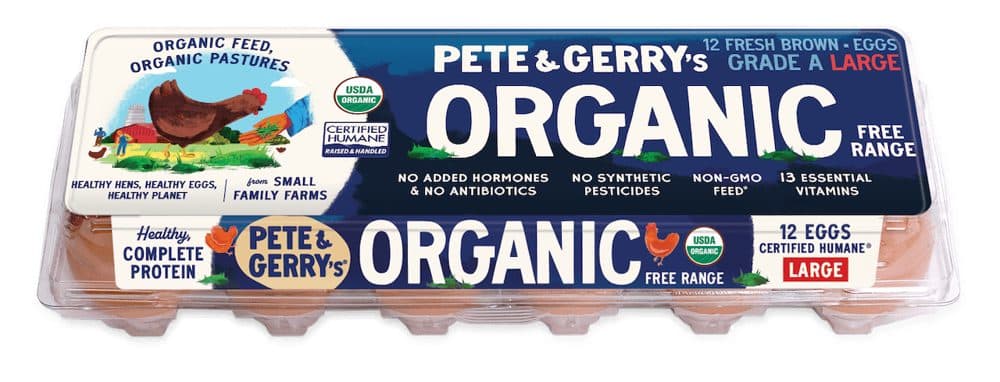 Clear 12-count carton of Pete & Gerry's Organic Free Range large brown eggs