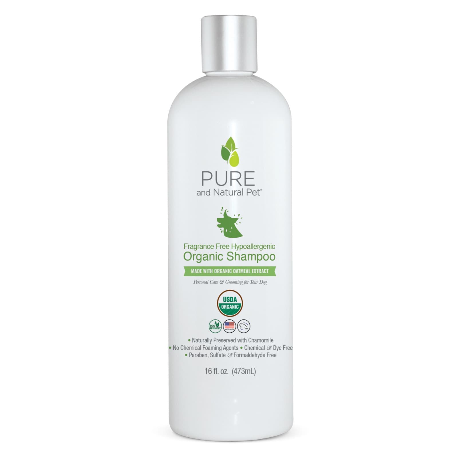 16 fl oz bottle of Pure and Natural Pet Fragrance Free Hypoallergenic Organic Shampoo with the USDA Organic seal