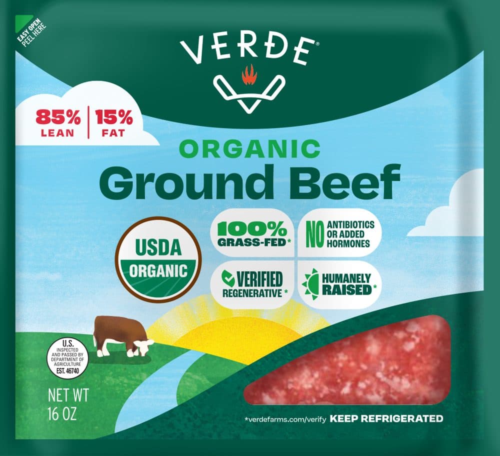 16 oz package of Verde Organic Ground Beef, 85% lean, labelled USDA Organic and 100% grass-fed